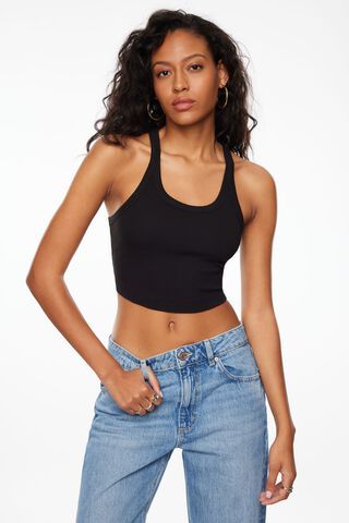 Stay Extra Black Ribbed Straight Neck Crop Top