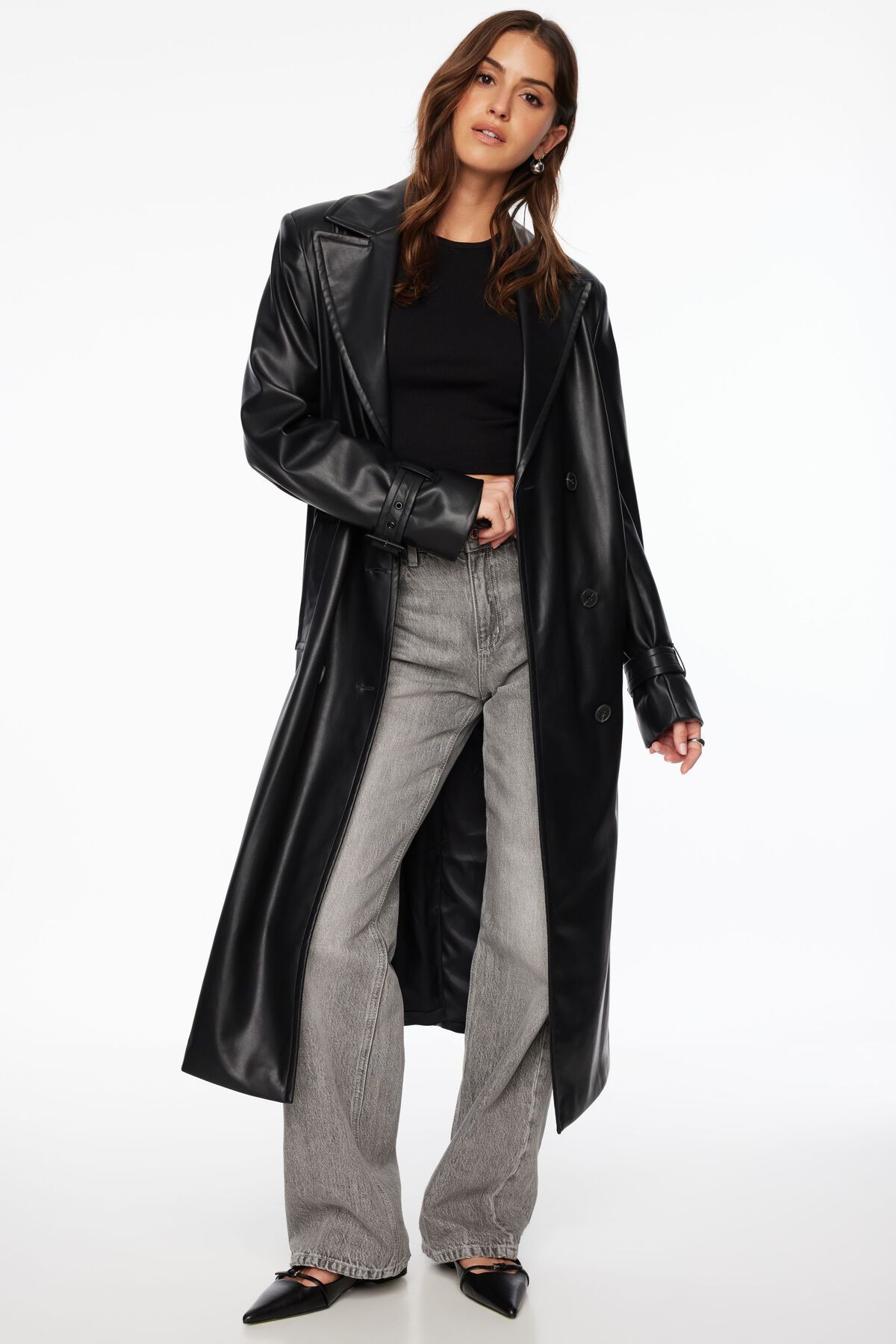 Military Faux Leather Trench Coat Black