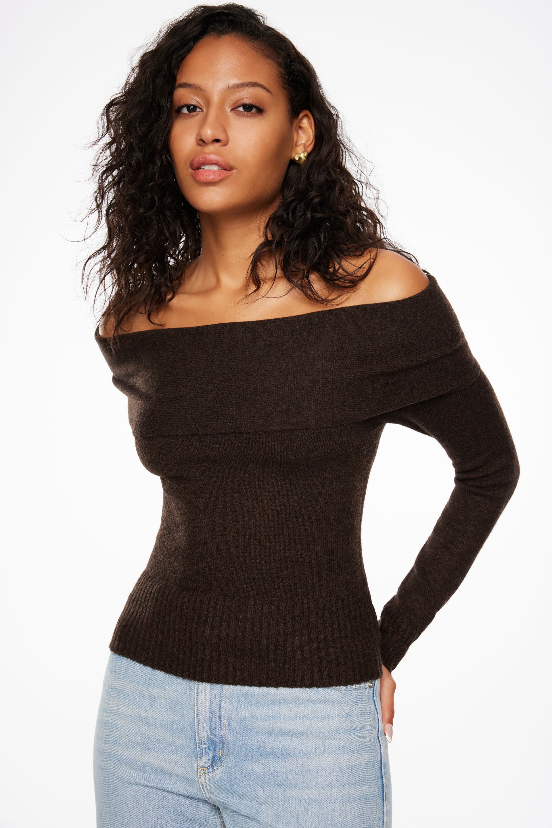 Heavenlyarn™ Off Shoulder Yarn Sweater Brown | Dynamite