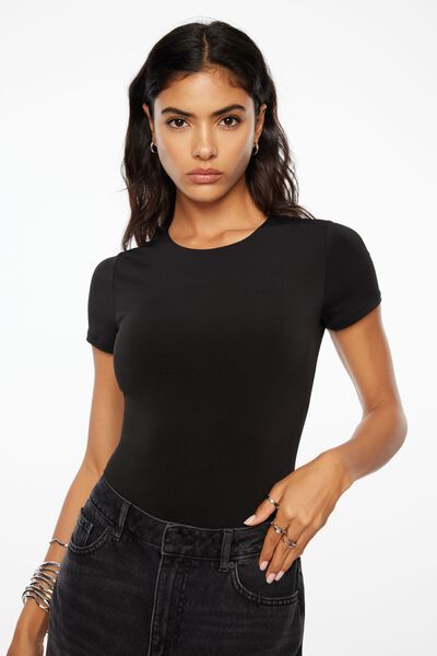 ALGALAROUND Double Lined Short Sleeve Bodysuit for Women Basic T Shirts  Body Suits