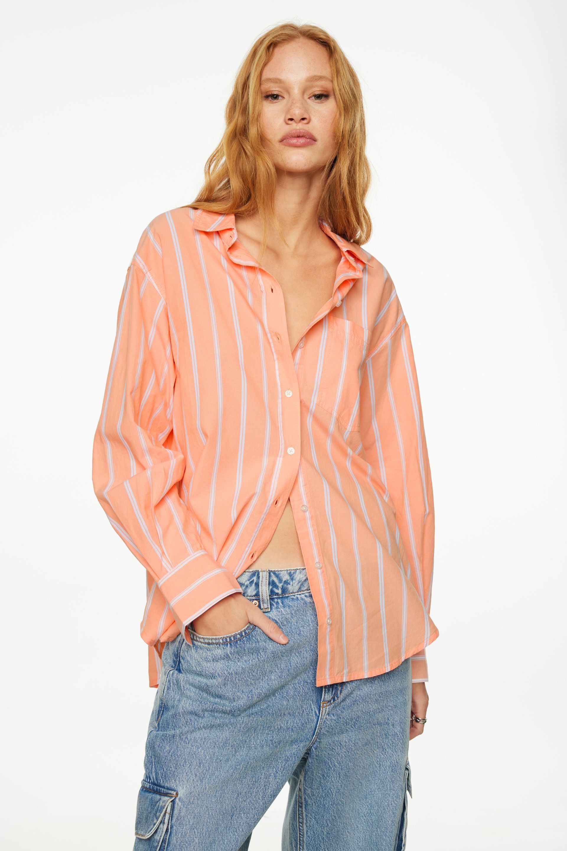 Frida Striped Oversized Button Up Shirt Coral | Dynamite