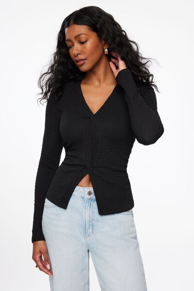 Long Sleeve Collared Wrap Blouse Black