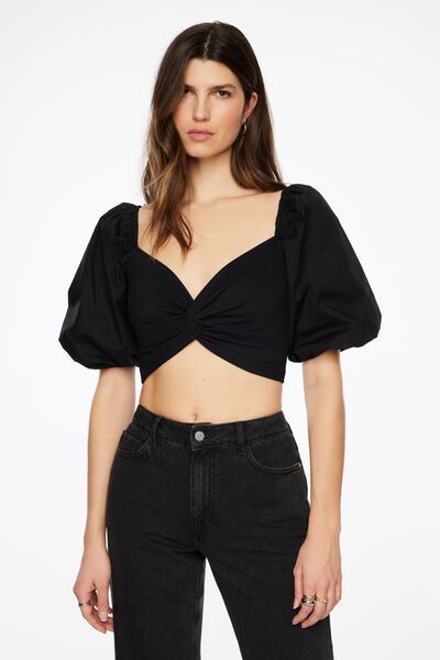 Orchid Ruffle Shoulder Ruched Front Crop Top, Crop Tops