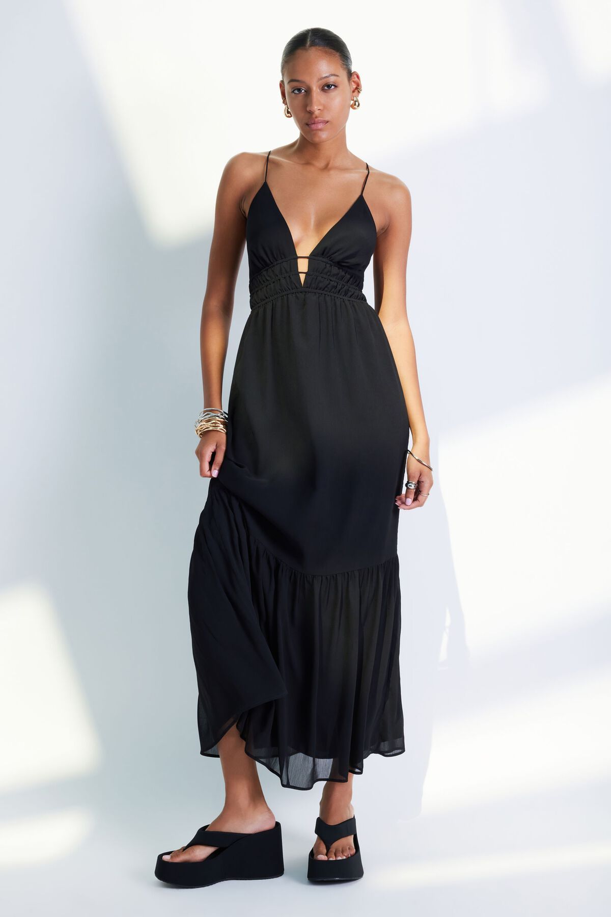 Black V Plunge Strappy Detailed Maxi Dress with High Slit
