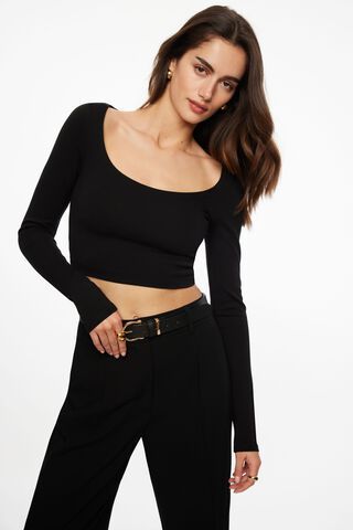 Womens Fashion Outfit Set Black Solid Color Ribbed Crop Top Long