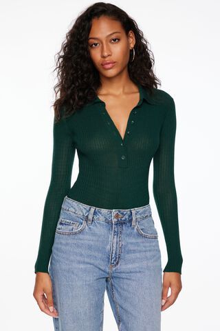 Long Sleeve V-Neck Ribbed Bodysuit with Buttons