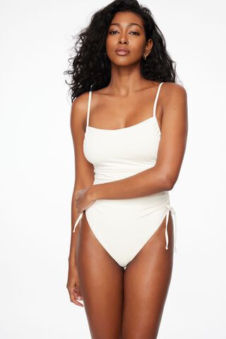 Long Sleeve Bathing Suit, White One Piece Swimsuit Puff Sleeve