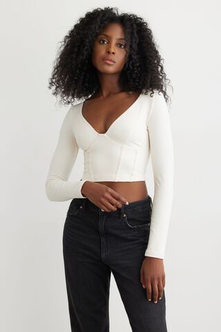 Lancey Top - Long Sleeve Plunge Crop Top in White