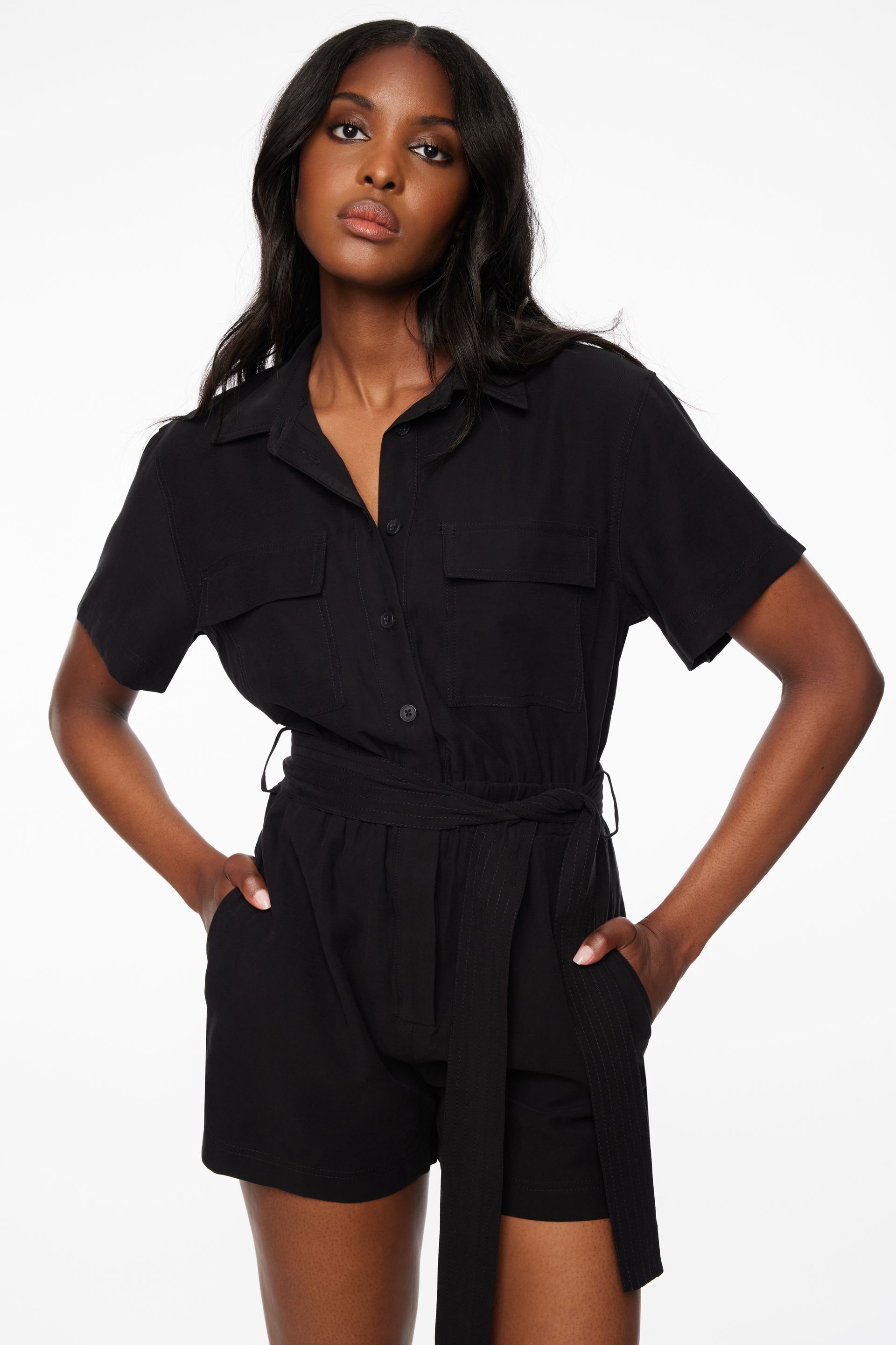 Short Sleeve Utility Romper Black | Dynamite