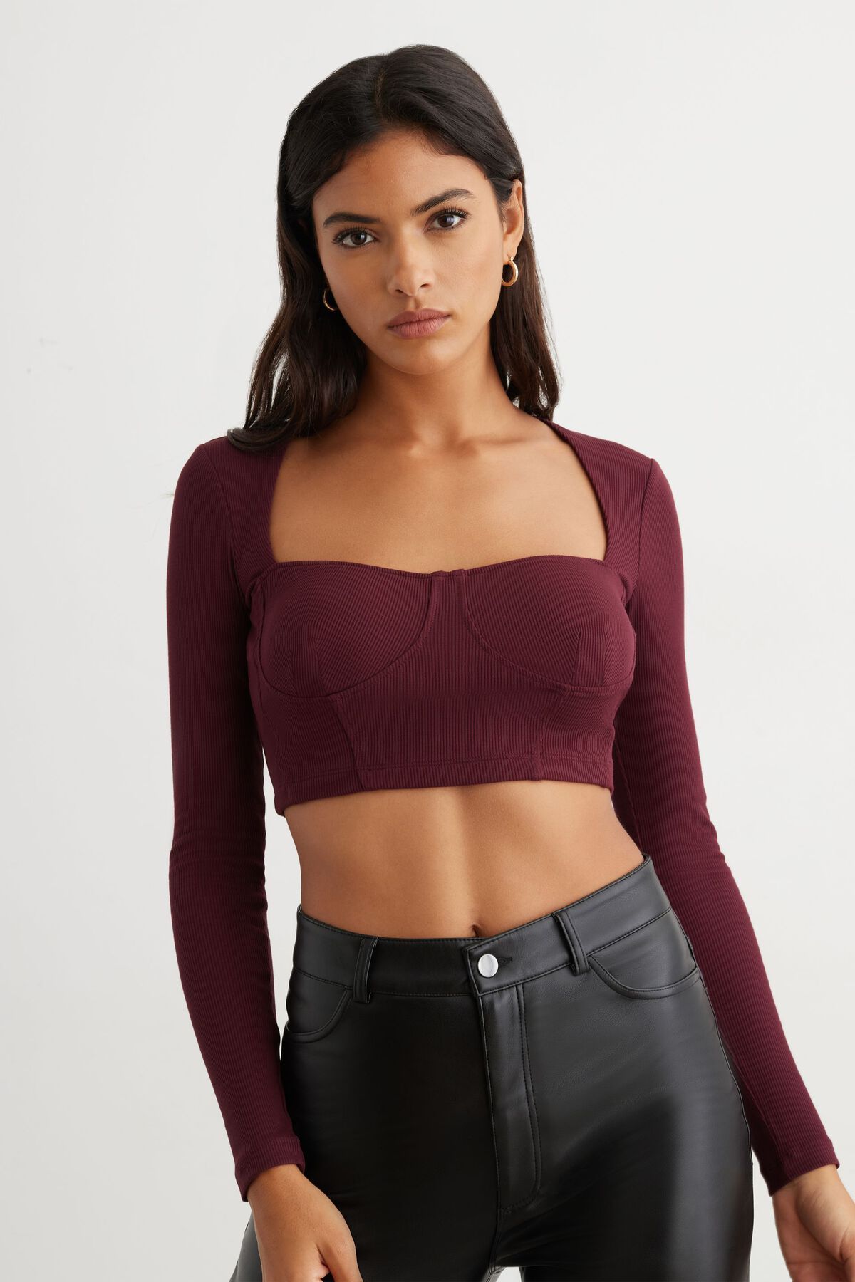 Stradivarius long sleeve structured rib corset top in red