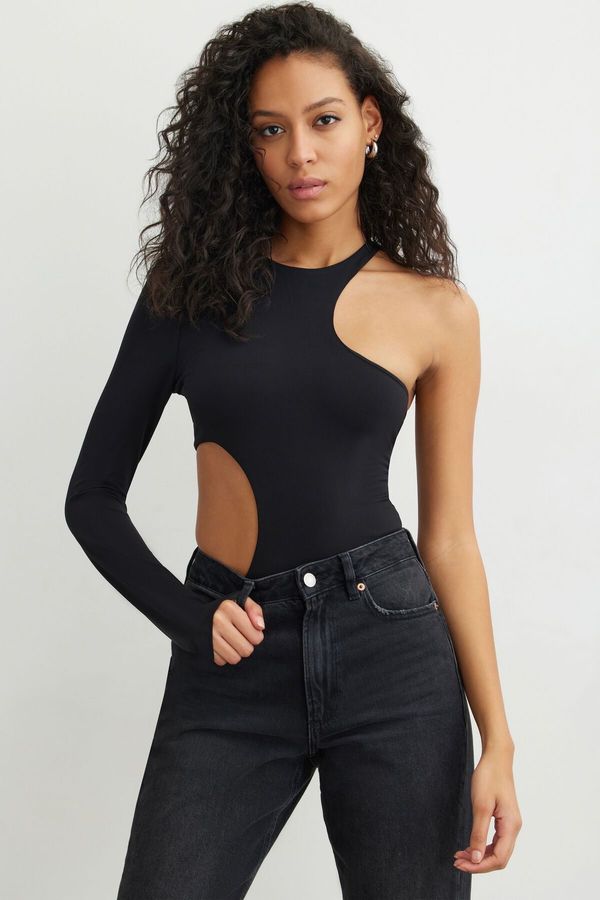 Cecely Bodysuit - Cut Out Ruched Mesh Bodysuit in Black
