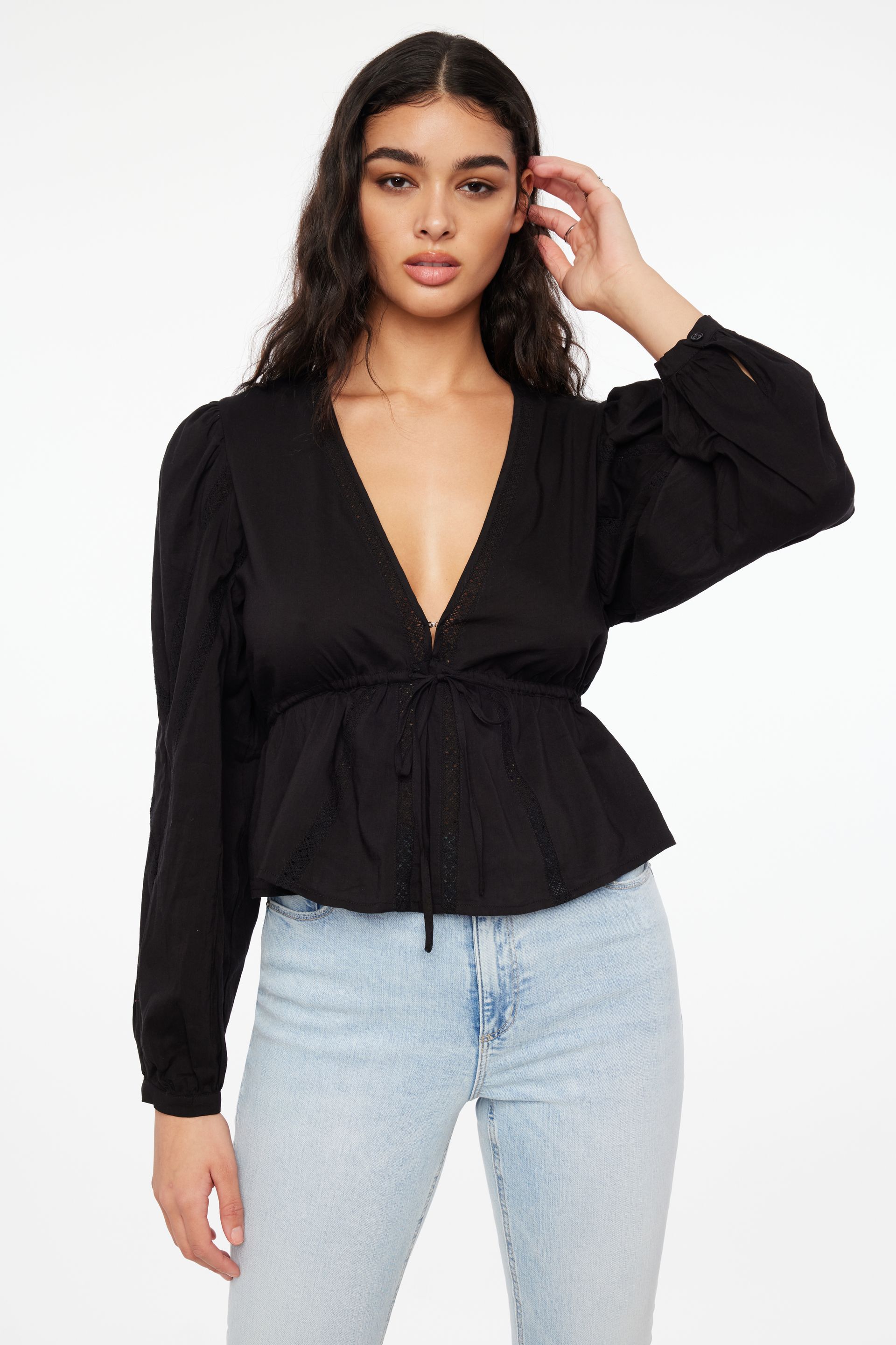 Long Sleeve Peplum Blouse Black | Dynamite