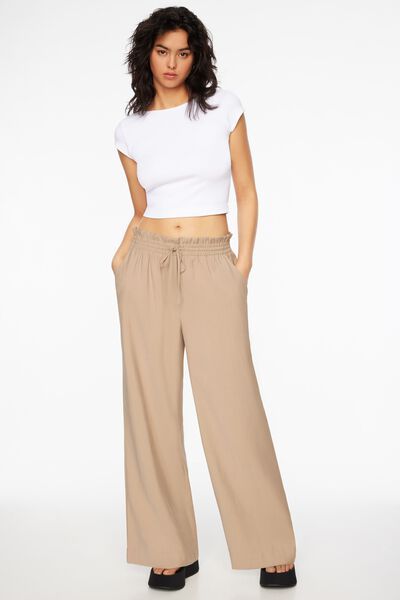 Paring Well Belted Paperbag Waist Wide Leg Pant (Beige)