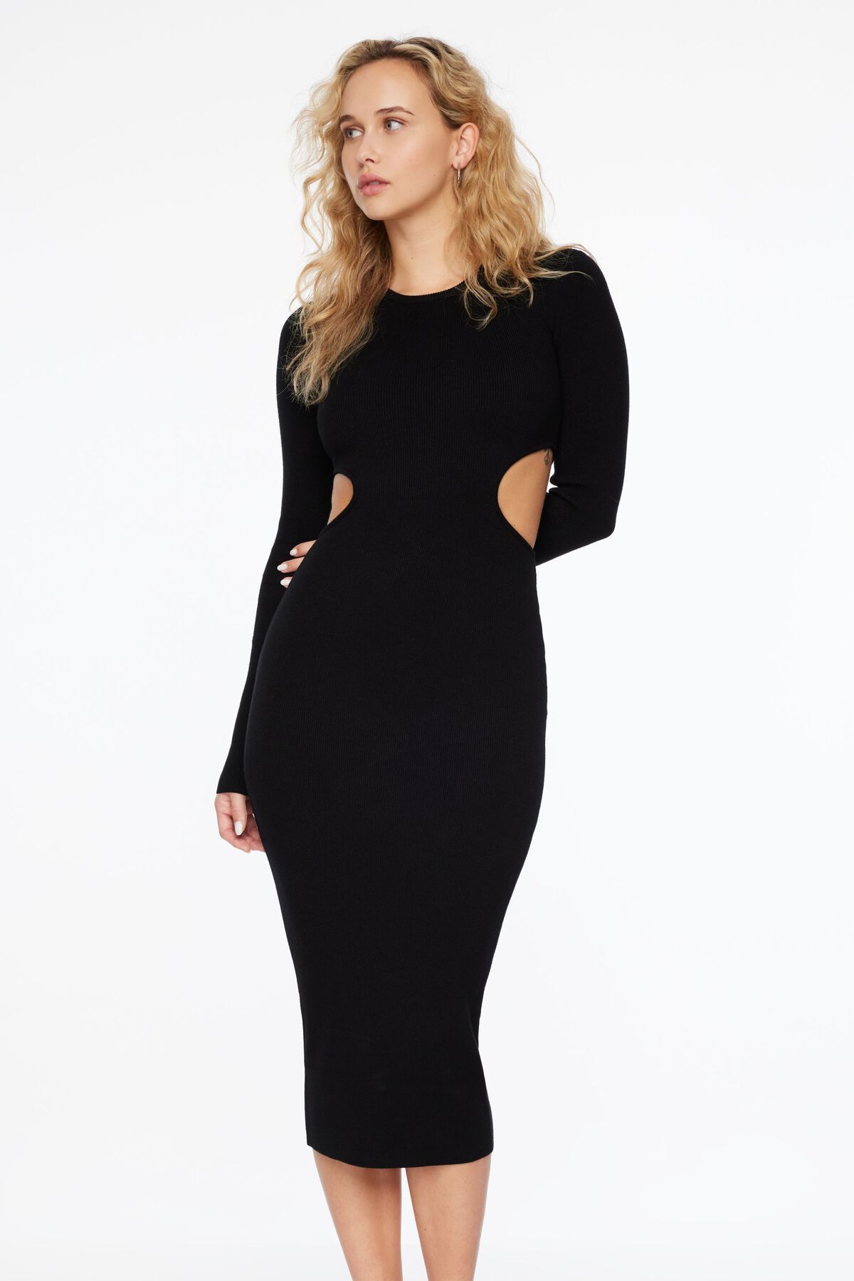 Long Sleeve Side Cutout Maxi Dress Black | Dynamite