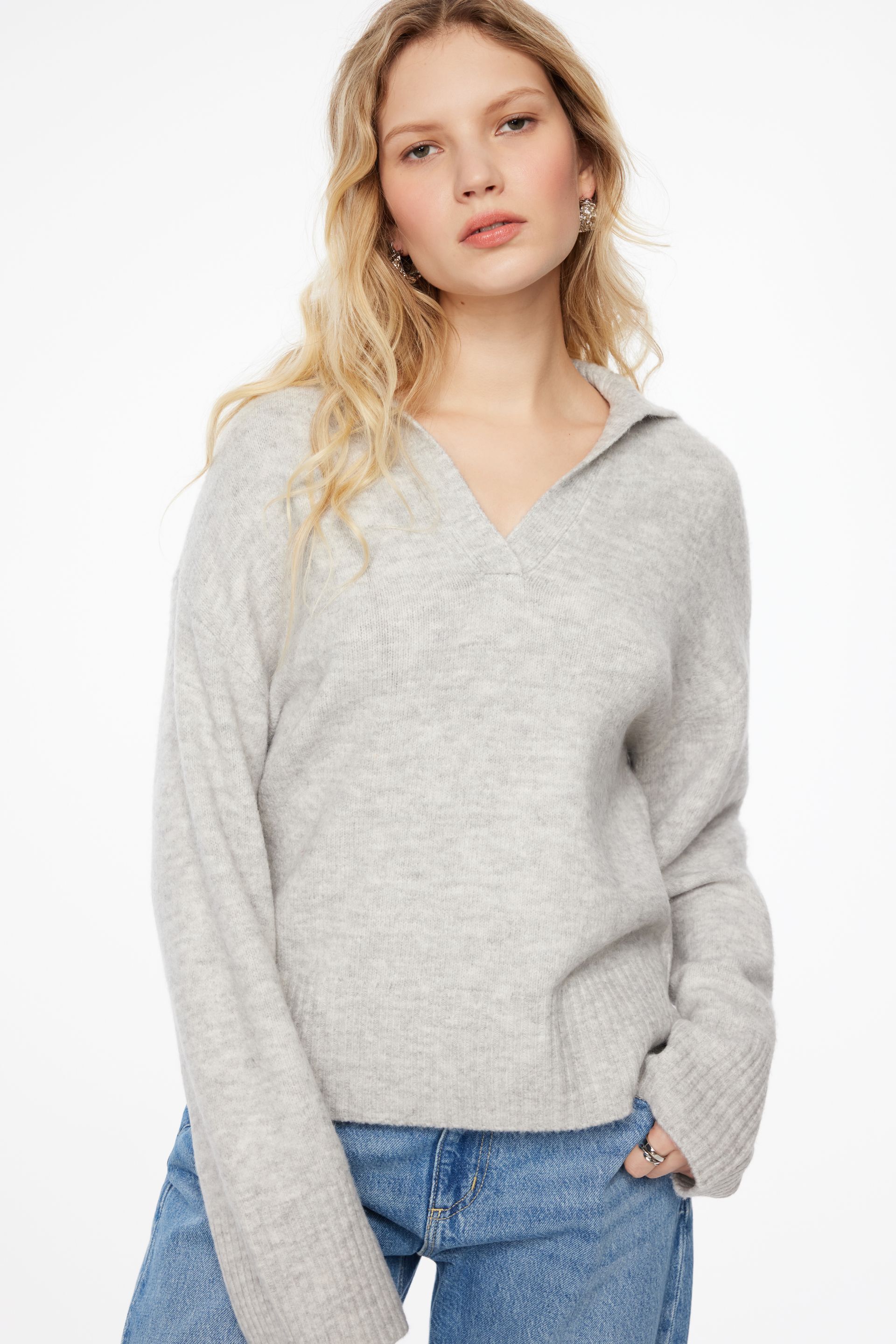 V-Neck Polo Sweater Grey | Dynamite