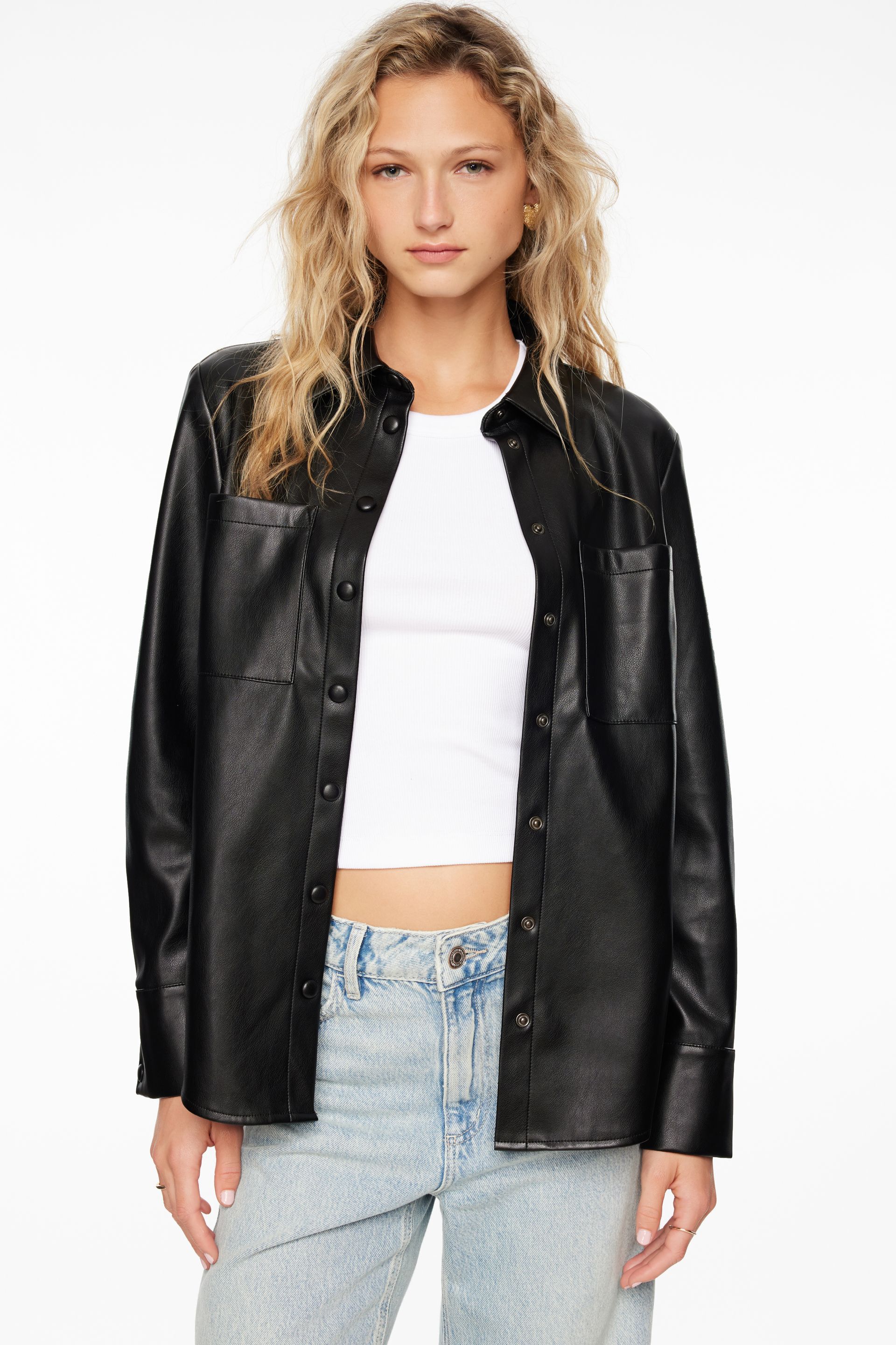 Frida Faux Leather Oversized Shirt Black | Dynamite