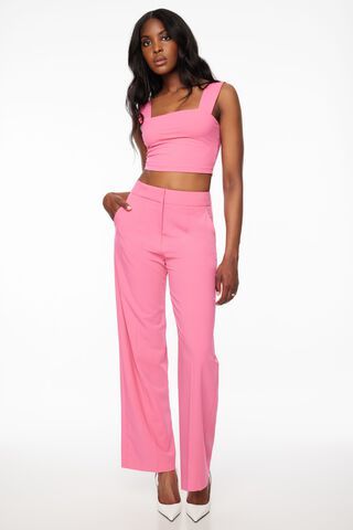 Womens Wide Leg Pants Casual Zipper Fly High Waist Hot Pink XS 