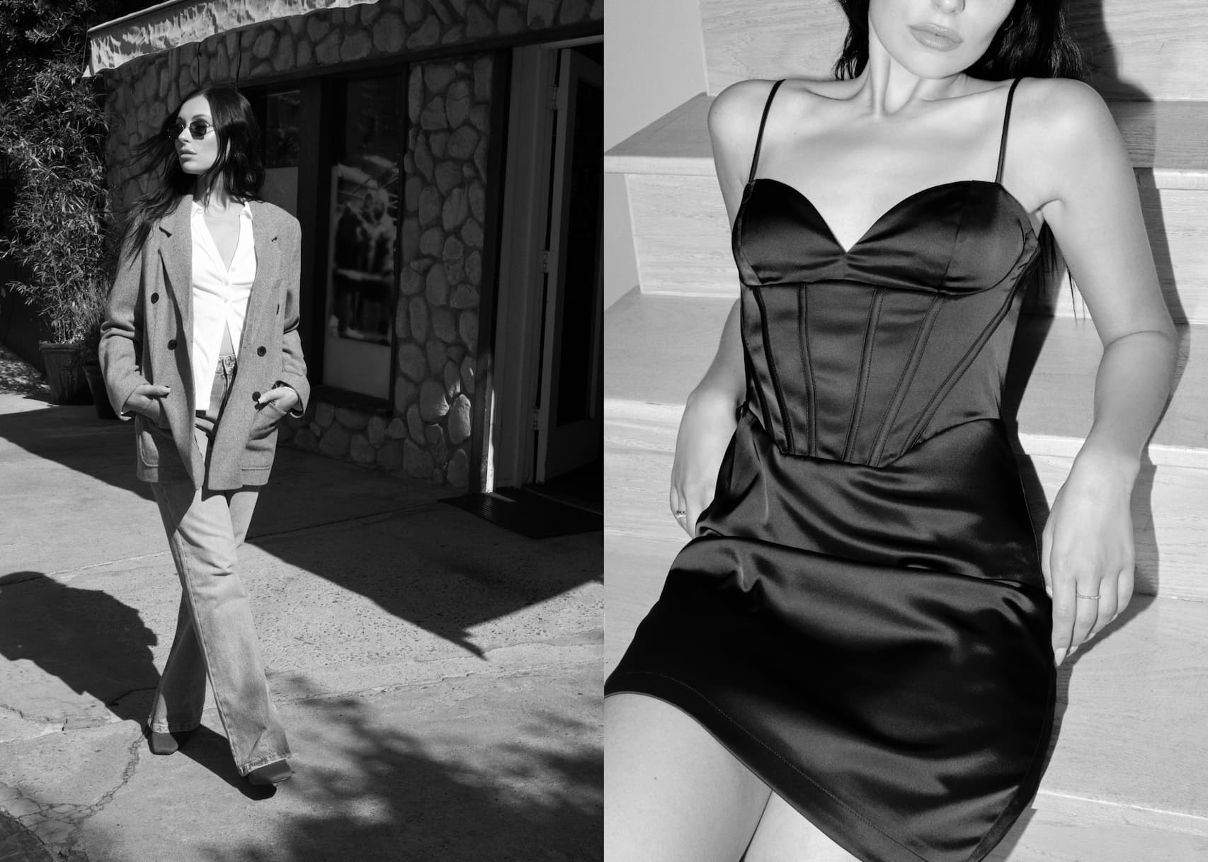 Marta marchant dans la ville; Marta dans une robe en satin style corset.