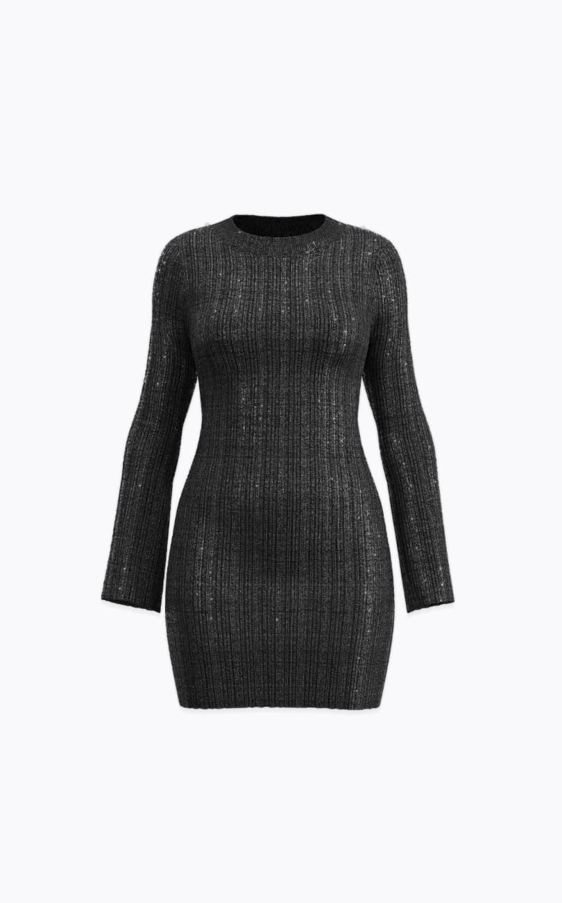 Black ribbed mini sweater dress.