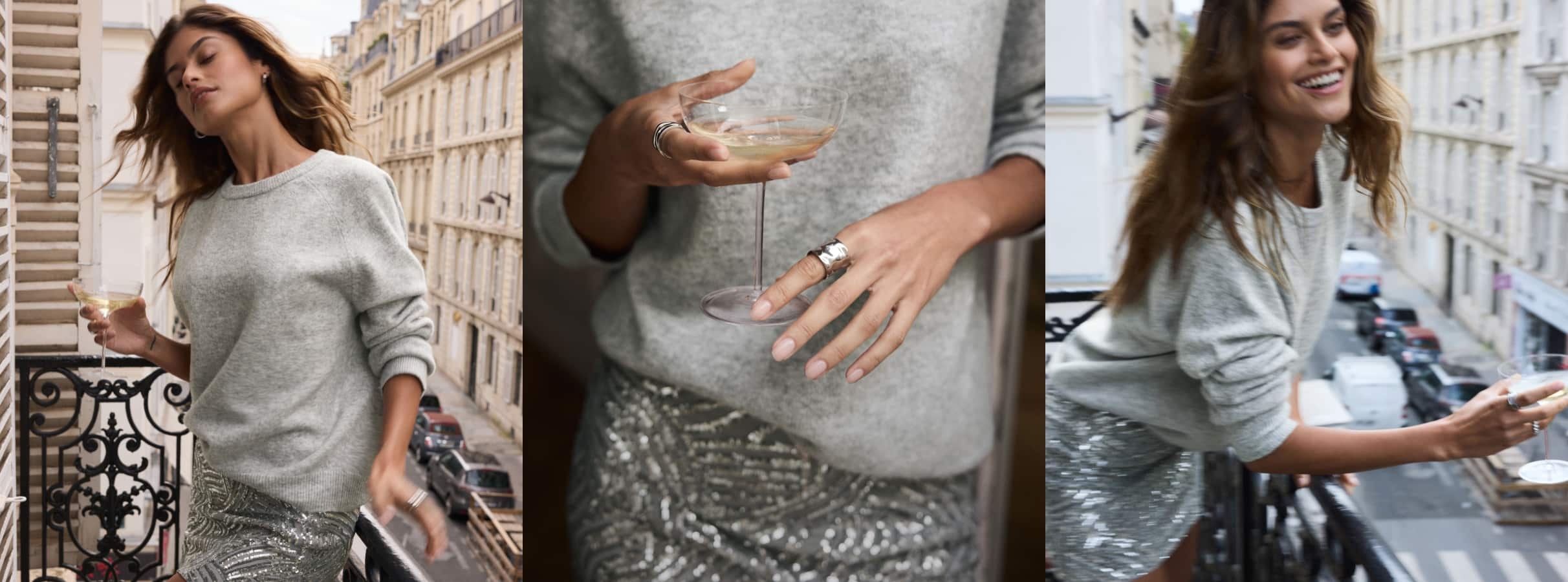 La mannequin porte un chandail gris en tricot avec une minijupe argent à paillettes. 