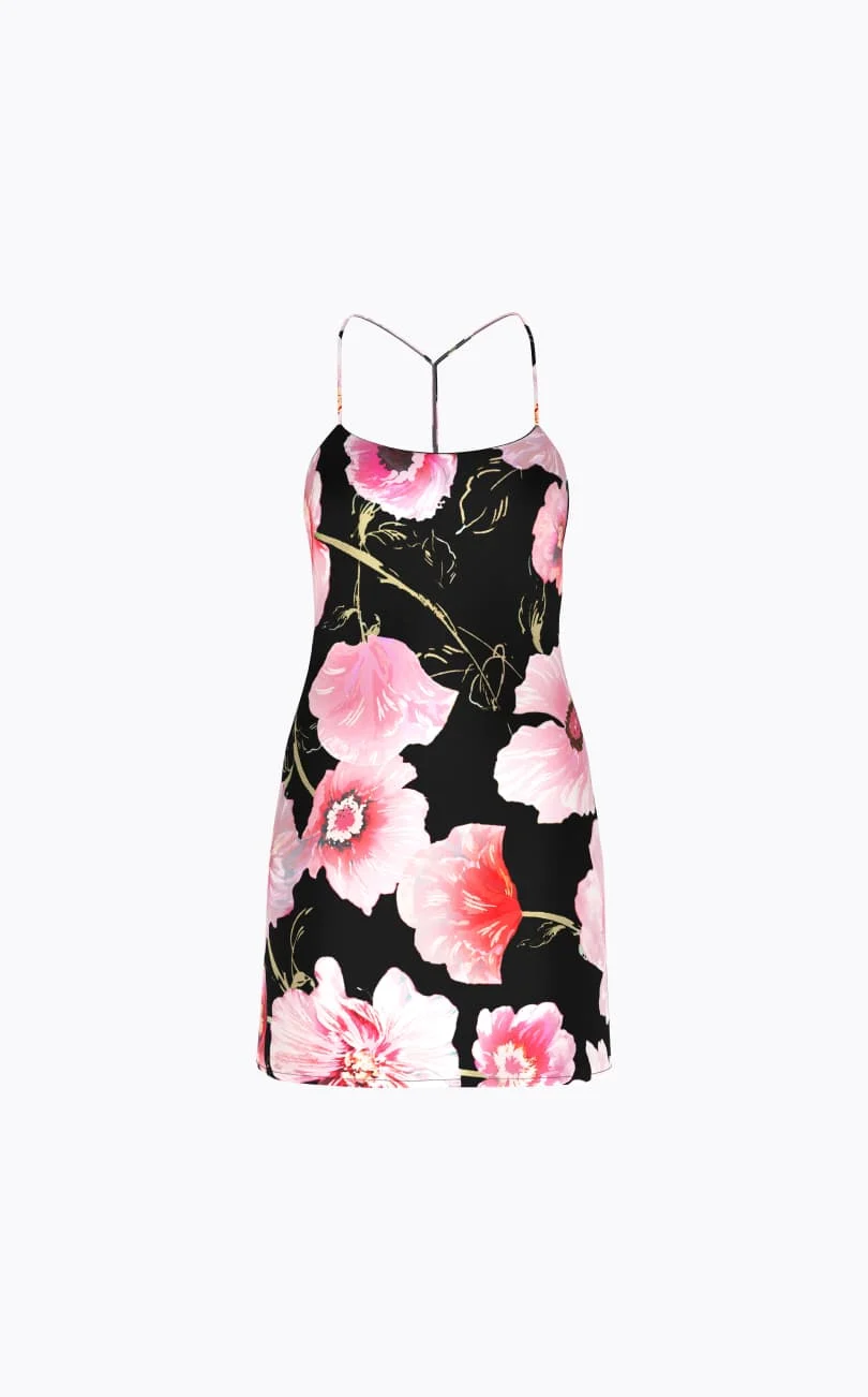 Black and pink floral satin mini dress.