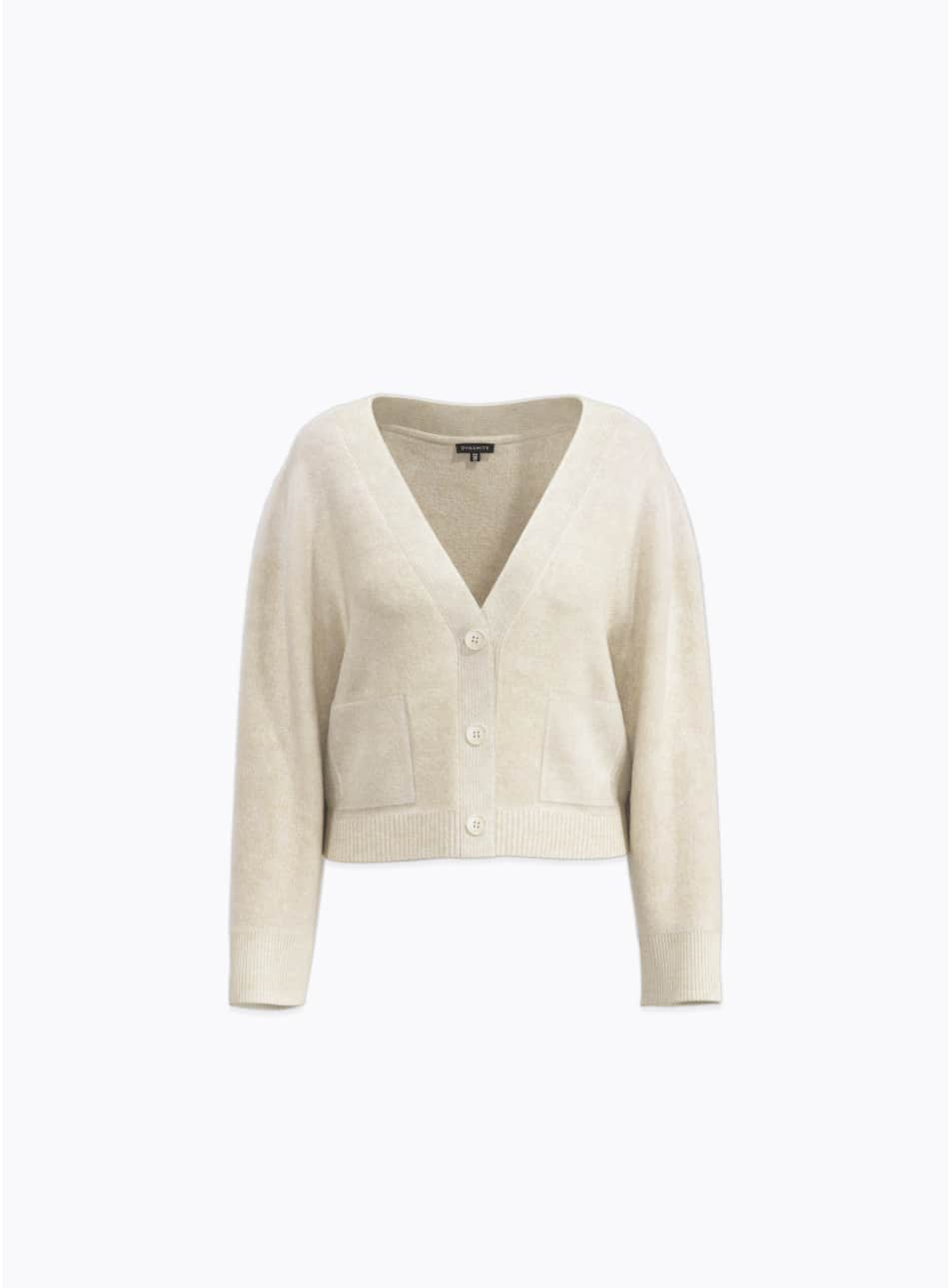 Cardigan à col en Y blanc cassé.