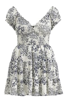 Blue and white Delphine smocked mini dress.