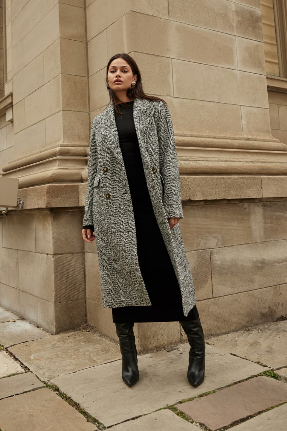 long grey tweed coat