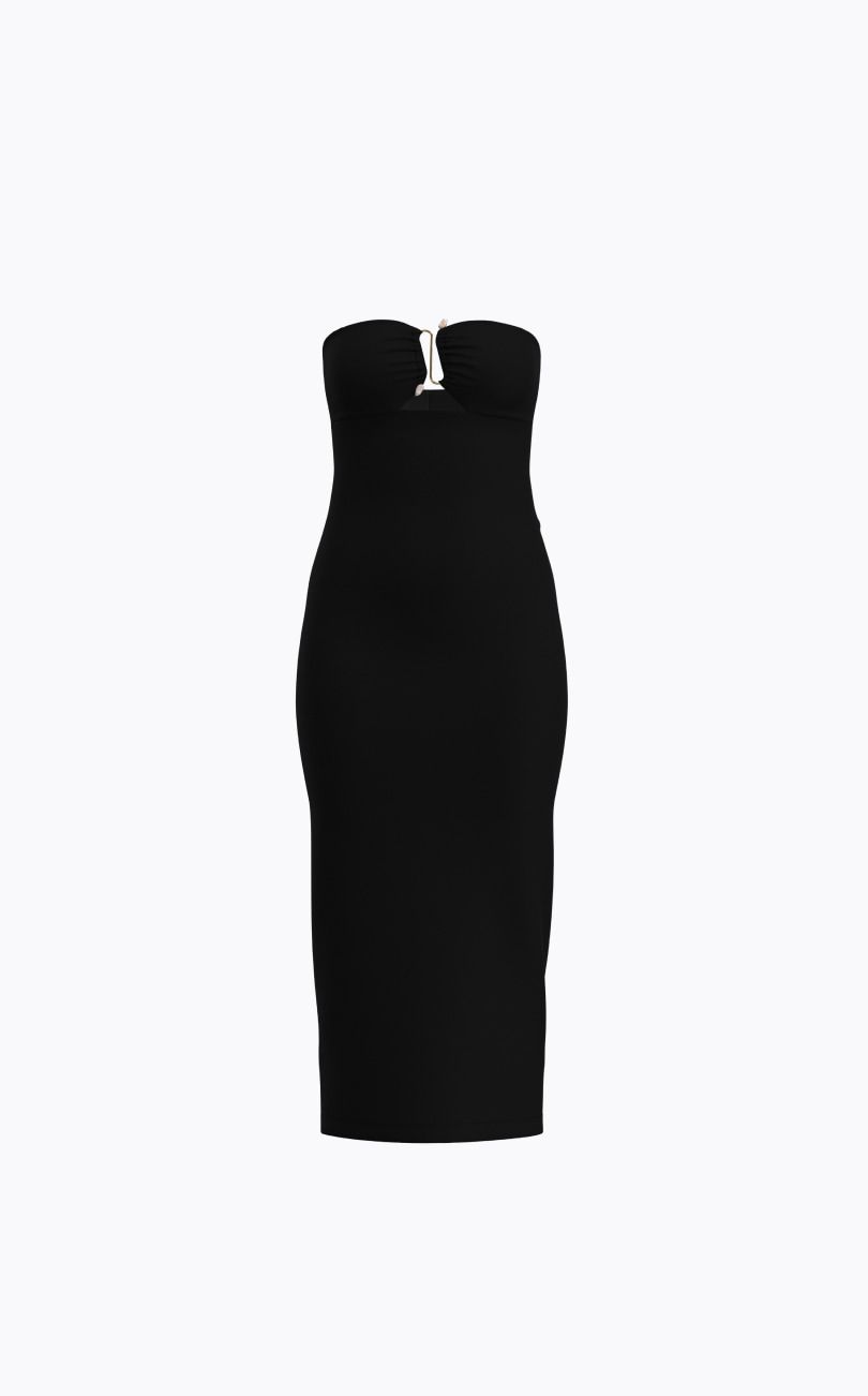 Black strapless cutout maxi dress.