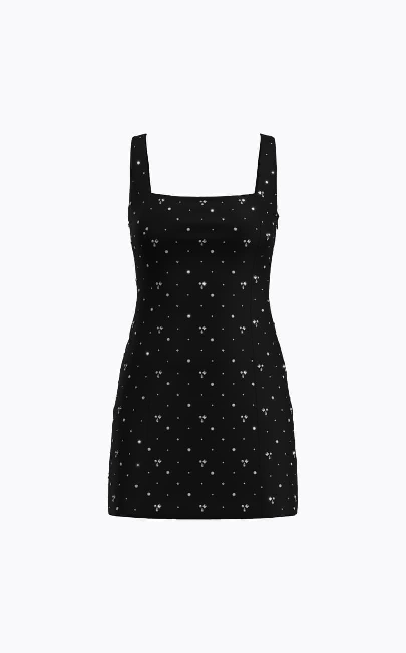 Black rhinestone and pearl embellished mini dress.