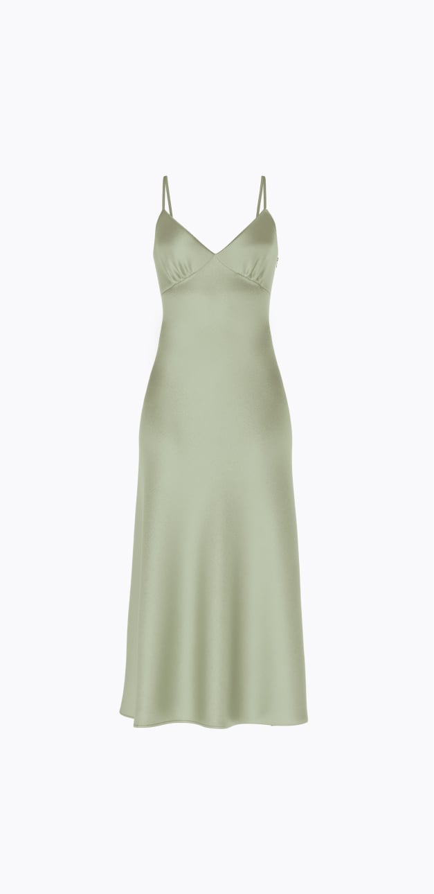 Green satin slip dress.