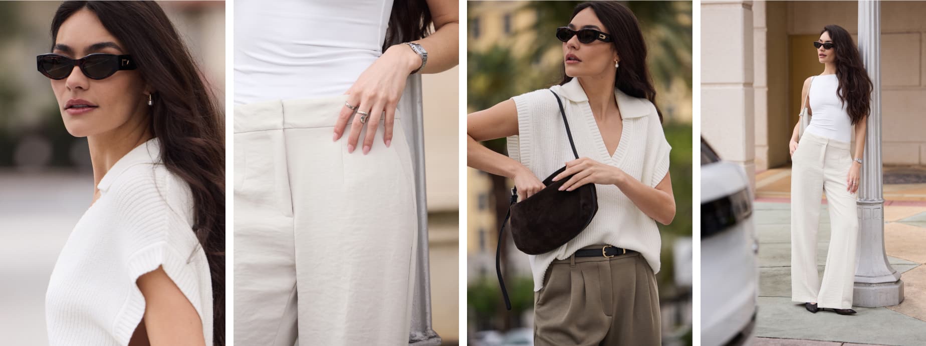 La mannequin porte une veste sans manches en tricot blanche et un pantalon blanc cassé.