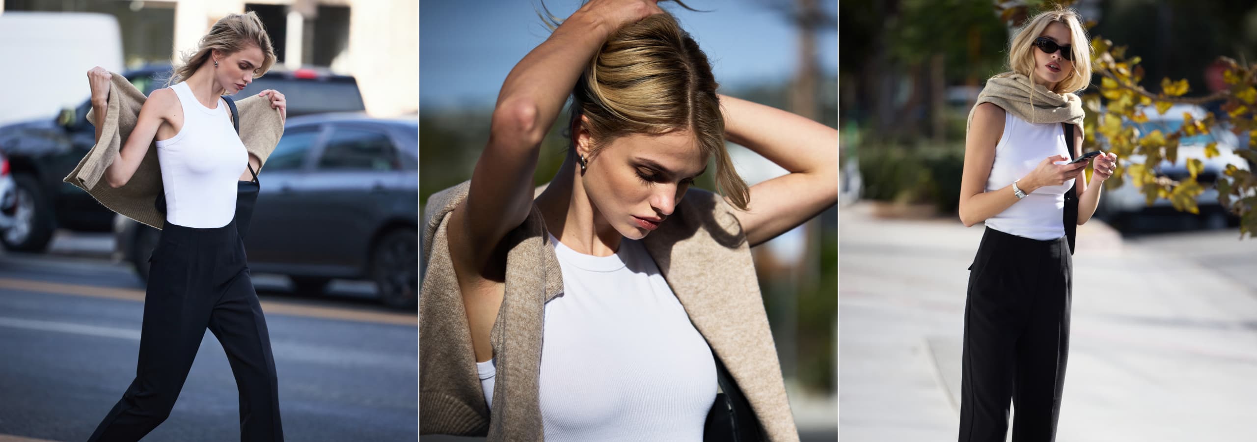 Model to the left is wearing a black lace maxi dress. Model to the right is wearing a beige faux fur jacket over a black corset top and black pants.