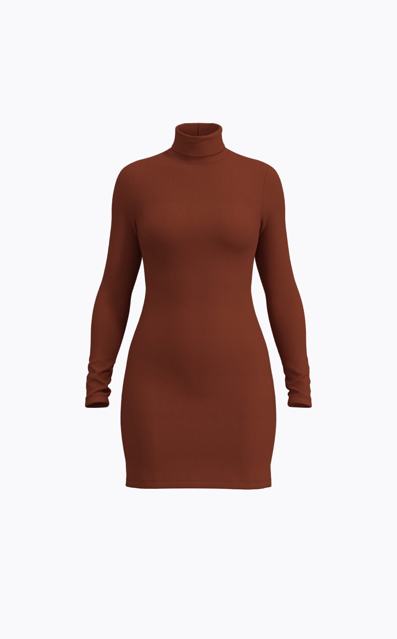 Burgundy turtleneck mini dress.