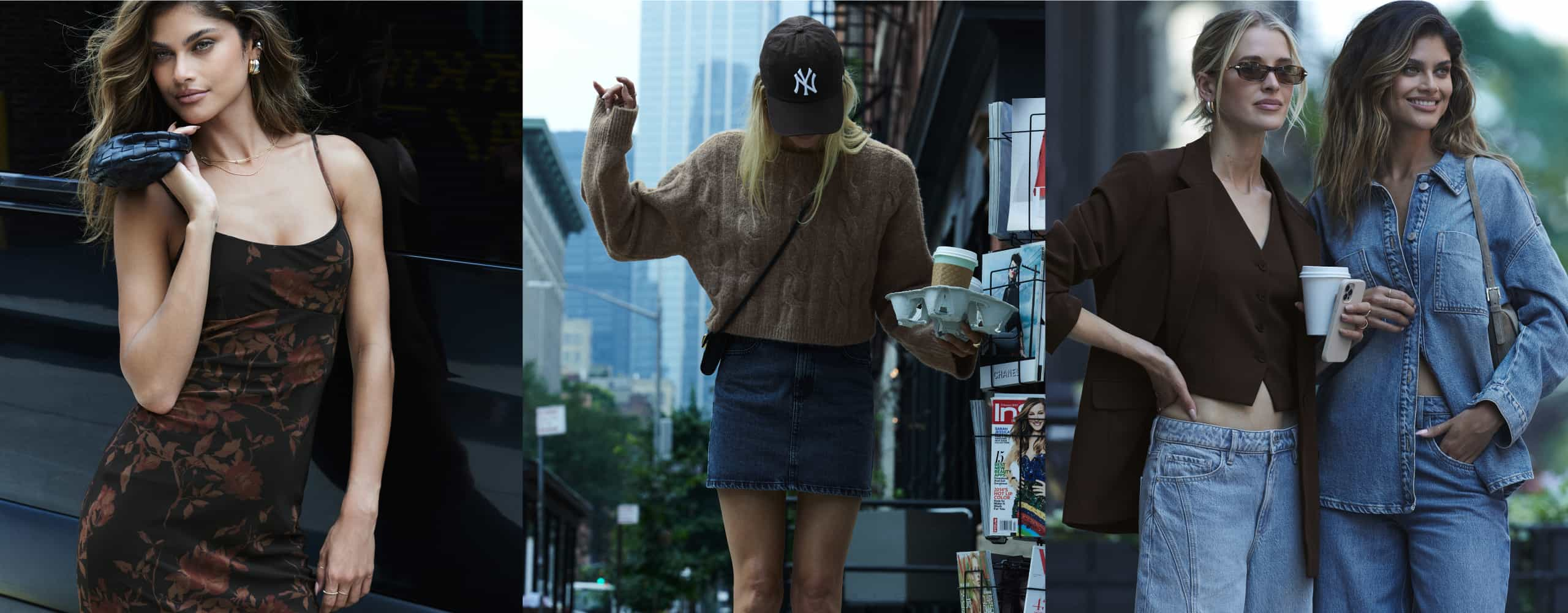 Model on the left is wearing a black and orange printed maxi dress. Model in the middle is wearing a blue denim shirt. Model on the right is wearing a beige cable knit sweater and a blue denim mini skirt.