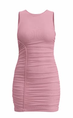 Pink ruched mesh mini dress.