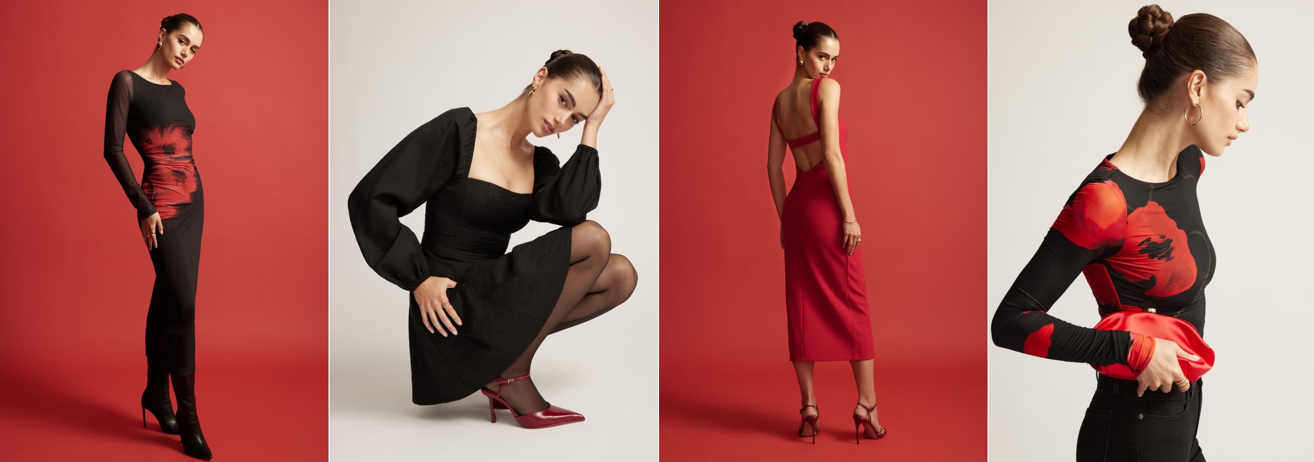 Model on the left is wearing a black and red floral printed maxi dress. Model in the middle is wearing a black puff sleeve mini dress with sheer black tights. Model on the right is wearing a red open back midi dress.