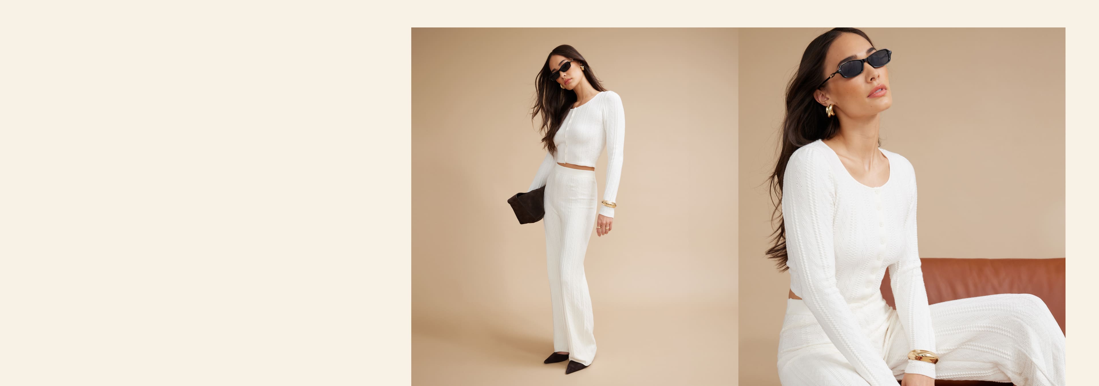 Model is wearing a white long sleeve t shirt and white pants.