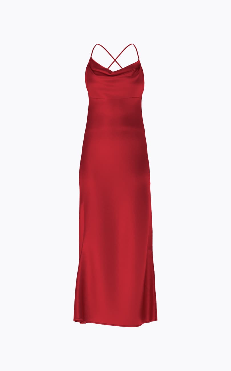 Red satin slip dress.