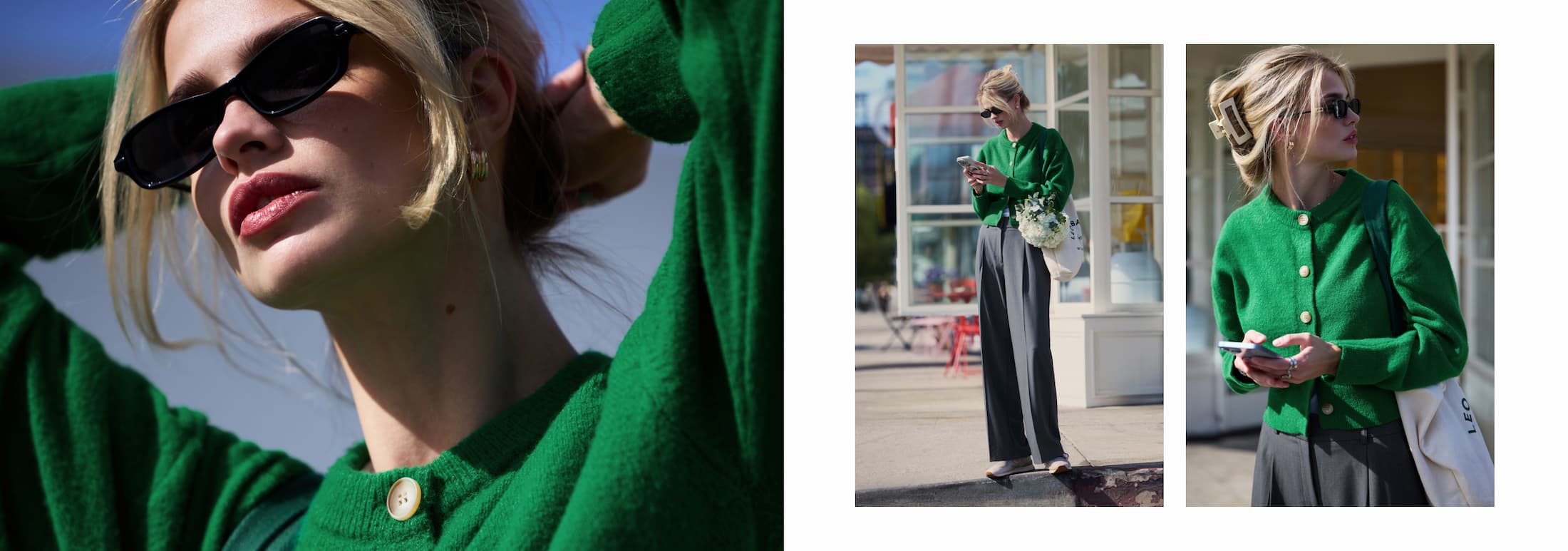 Model is wearing a green cardigan with grey pleated pants and black rectangular sunglasses.