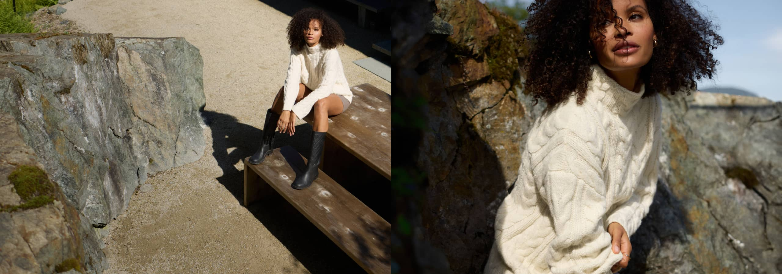 Model is wearing a white turtleneck and taupe shorts with black knee high boots.