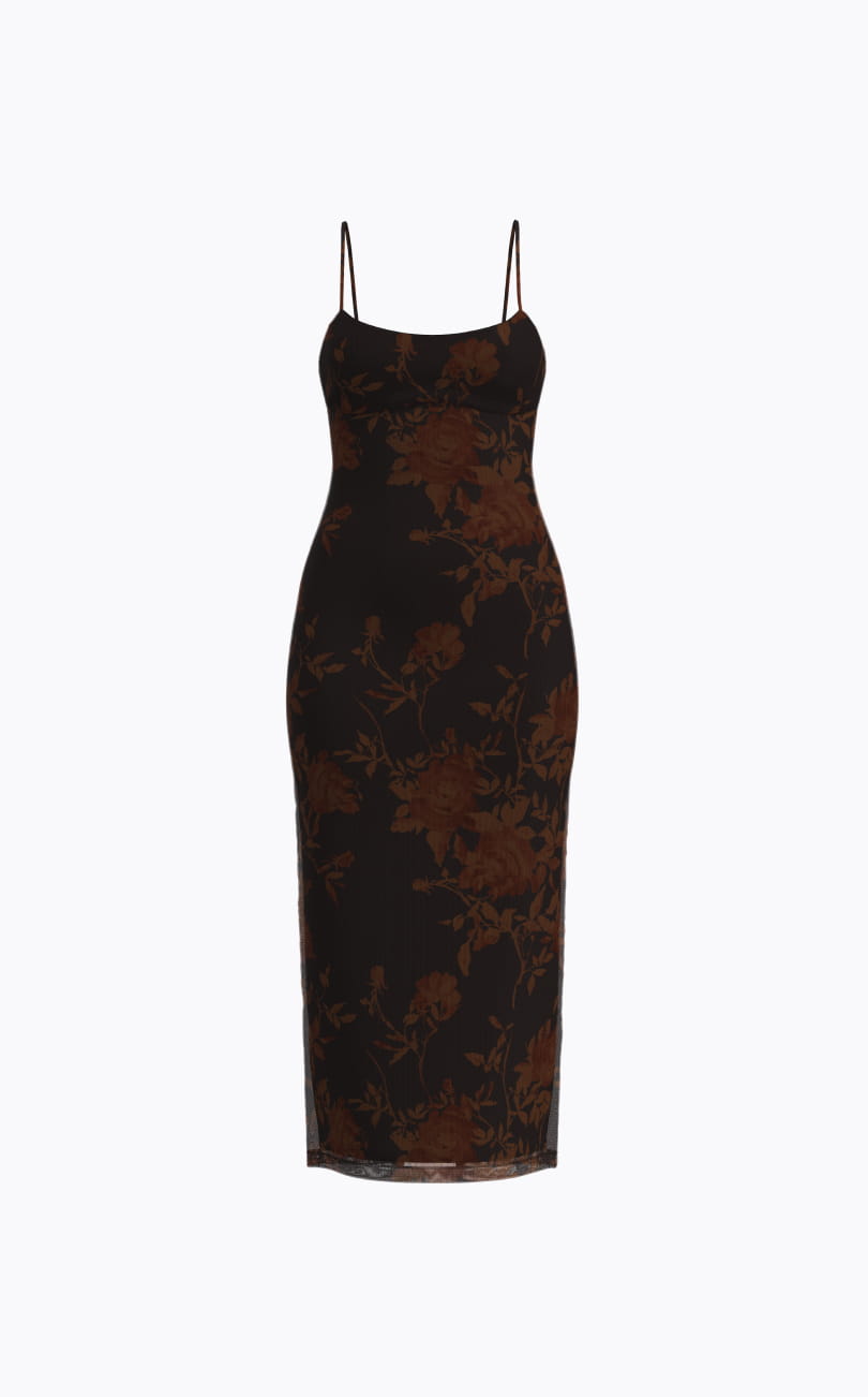 Black and brown floral midi dress.