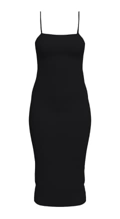 Black ribbed bodycon midi dress.