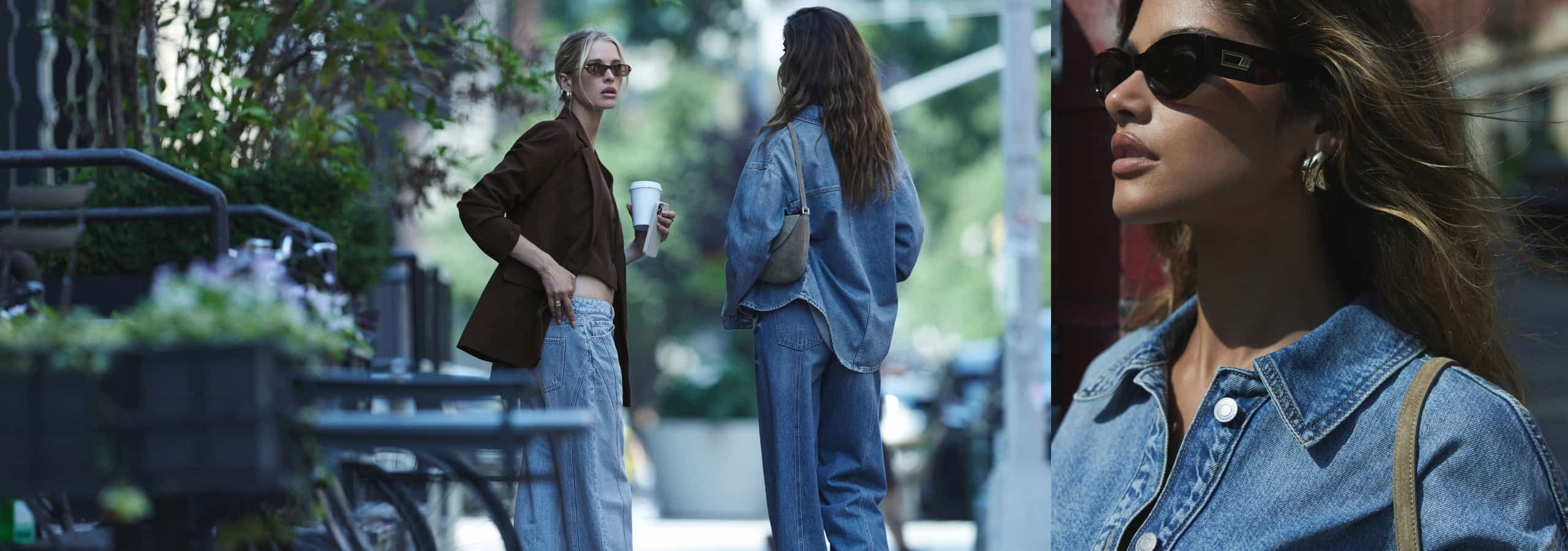 Model on the left is wearing a brown blazer over a brown vest and blue jeans. Model on the right is wearing a blue denim shirt and blue jeans.