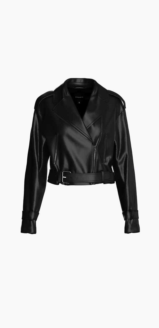 Black faux leather biker jacket.